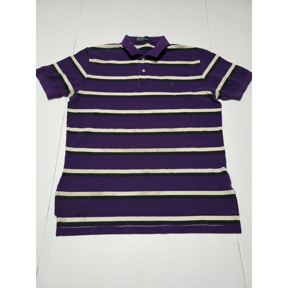 (#L7) Polo Ralph Lauren Mens Large Purple Black Striped Short Sleeve